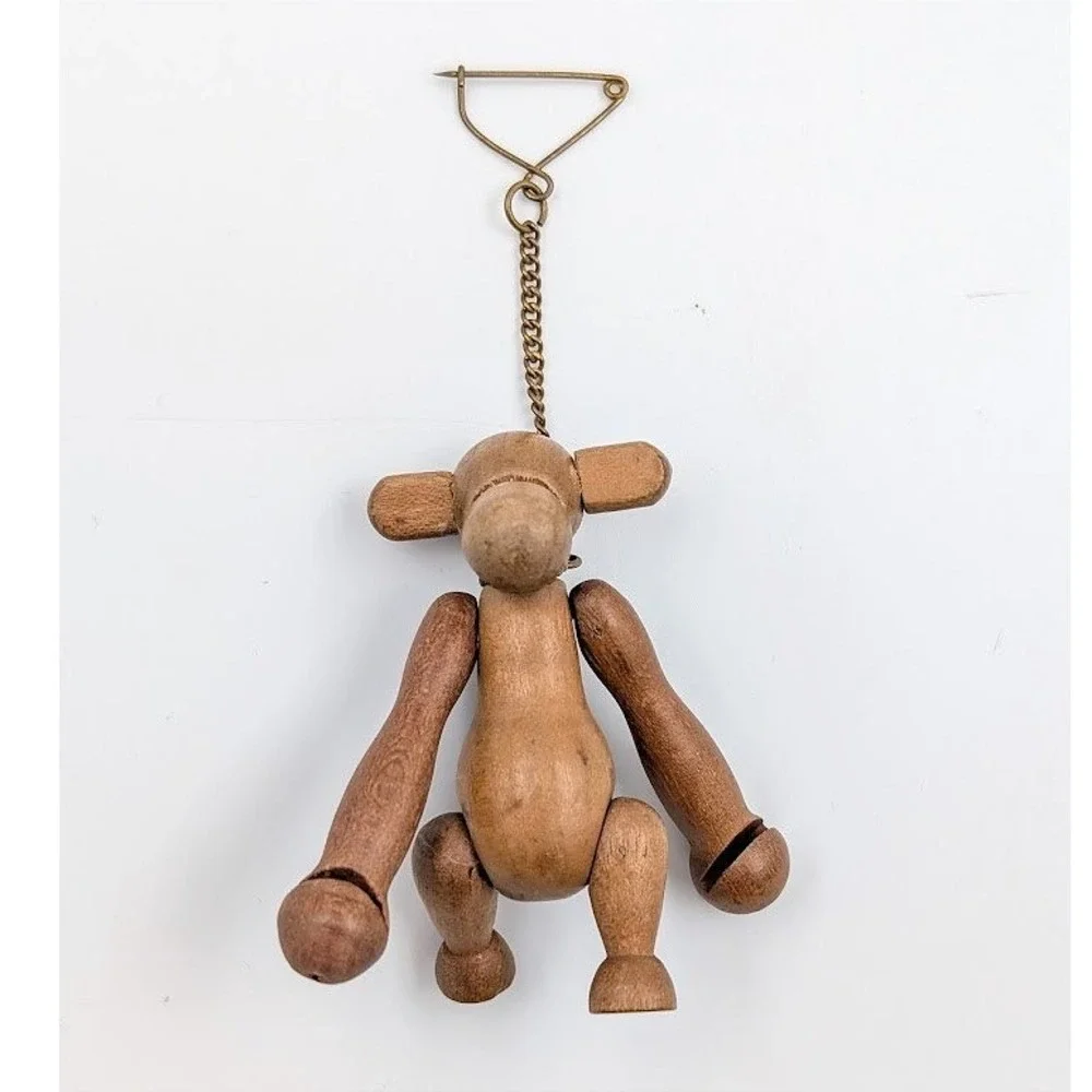 Vintage Zoo Line Japan Monkey Brooch Built in Pin-Chain Wooden‎ Articulated MCM